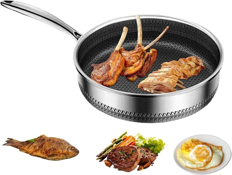 Roestvrijstalen Koekenpan Keuken Wokpan Veelzijdig Koken Vetarm Koken 30 cm Zilver