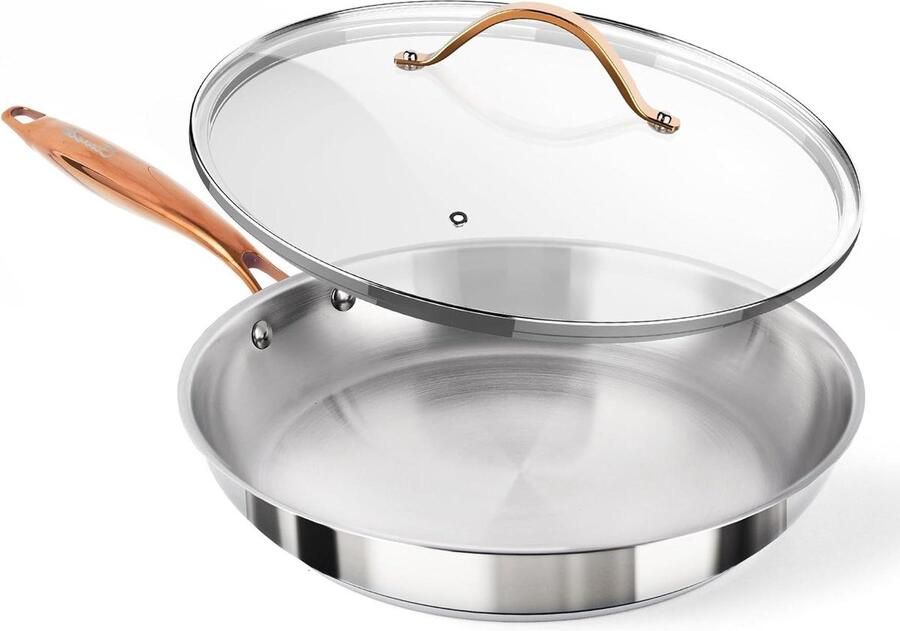 Roestvrijstalen Koekenpan met Deksel Gelijkmatig Bakken Tri-Ply Constructie 30 cm Zilver