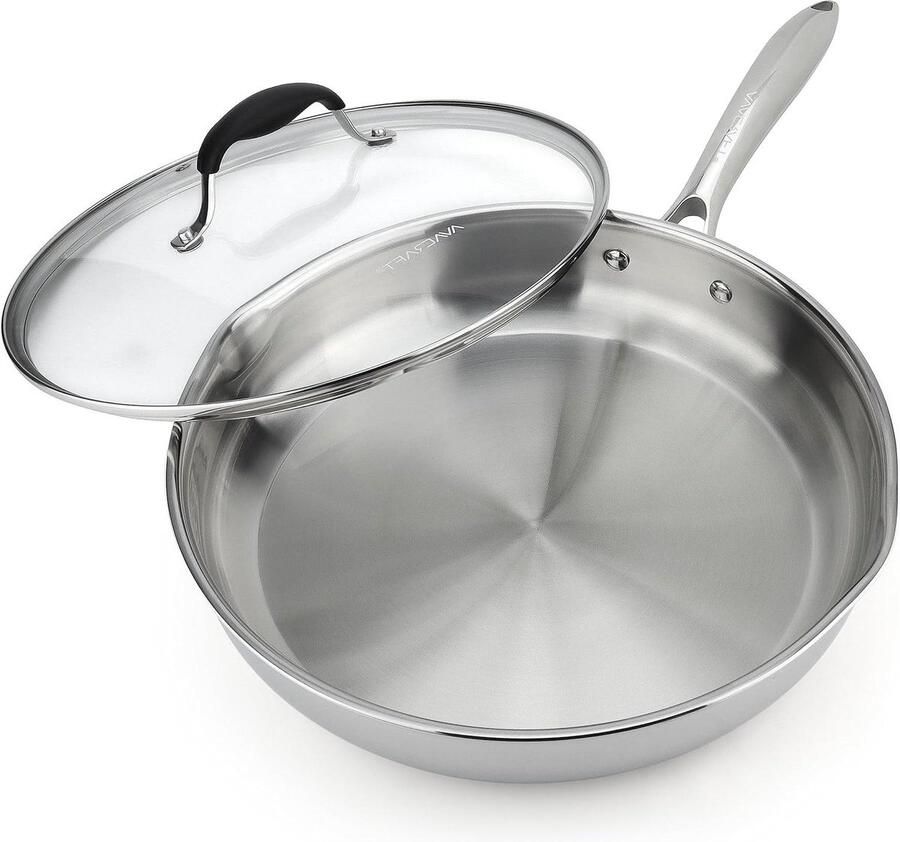Roestvrijstalen Koekenpan met deksel Koken en Bakken Drielaags Bodem 30 cm Zilverkleurig