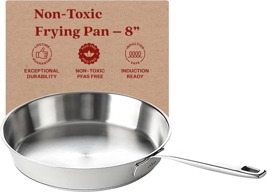 Roestvrijstalen Koekenpan met steel Grote maaltijden bereiden PFAS PFOA PTFE vrij 8 inch Zilver