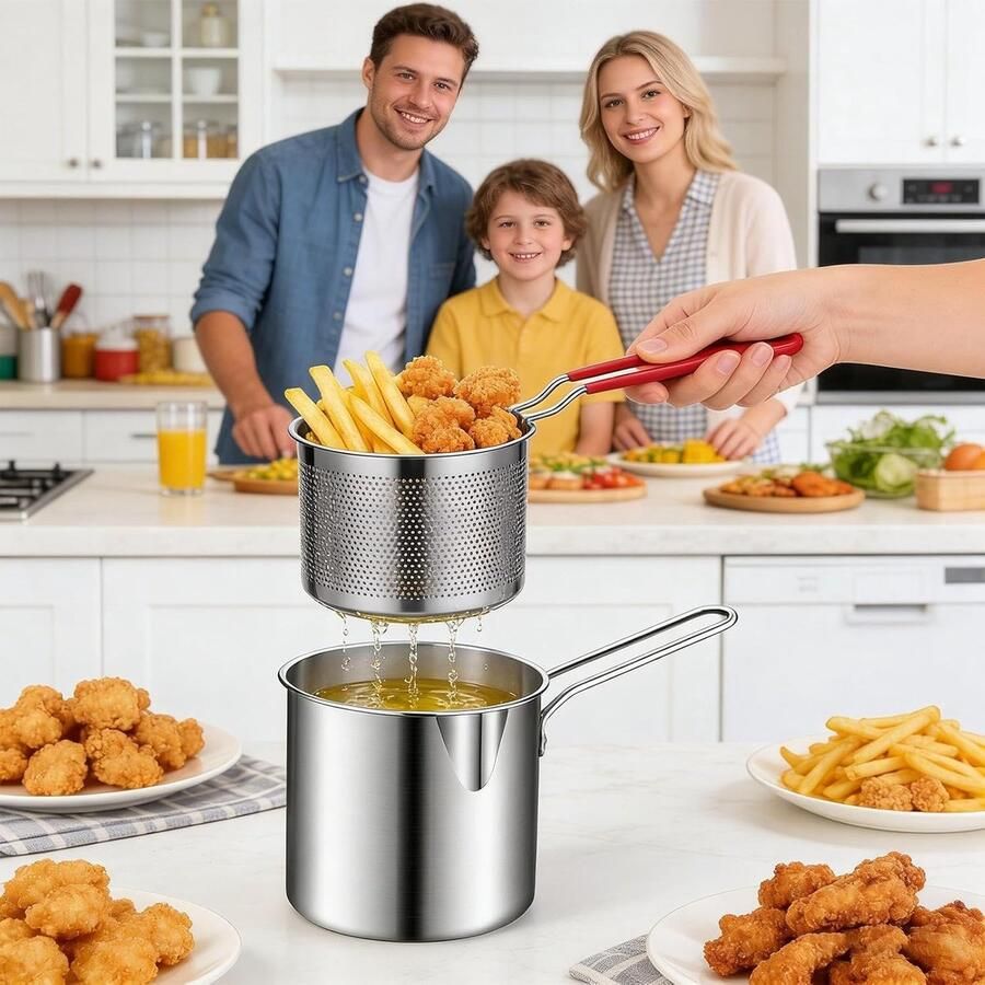 Roestvrijstalen Koekenpan Mini Frituurpan Stoommand Snelle Maaltijden Bereiden Compact Ontwerp 21 cm Breed Zilver