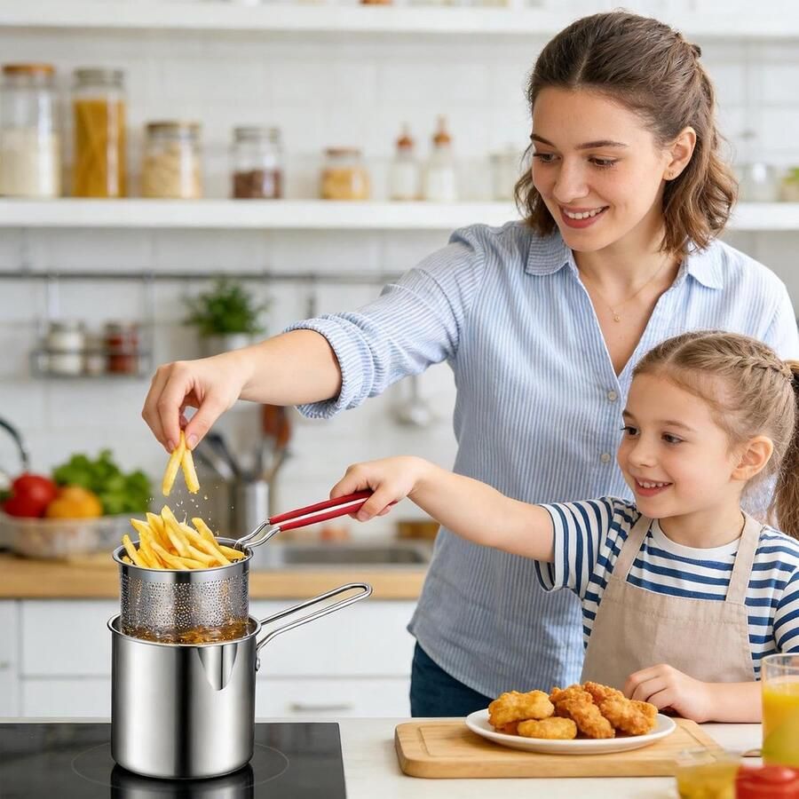 Roestvrijstalen Koekenpan Mini Frituurpan Stoommand Snelle Maaltijden Bereiden Compact Ontwerp 21 cm Breed Zilver