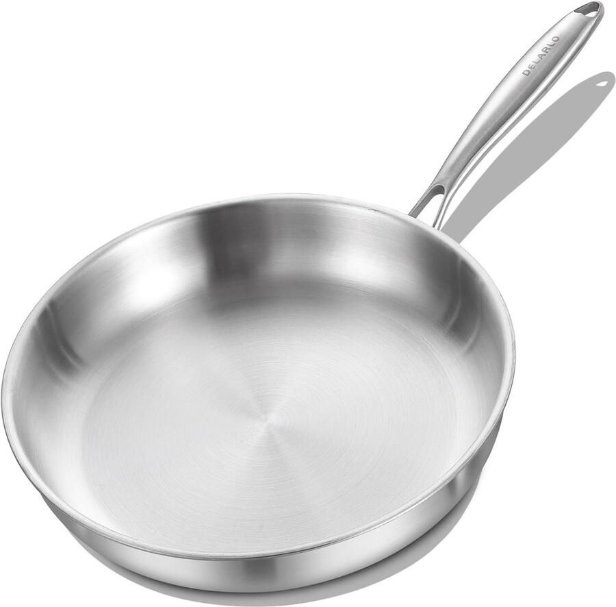 Roestvrijstalen Koekenpan Omeletpan Steakpan Gelijkmatig Bakken Tri-Ply Constructie 9 Inch Zilver