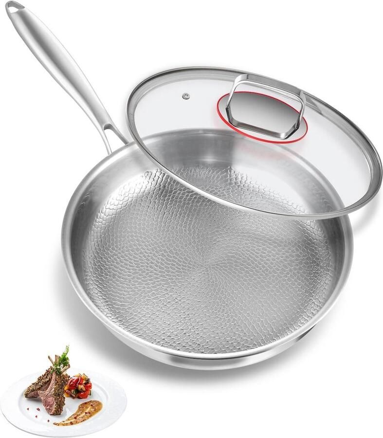 Roestvrijstalen koekenpan Ongecoat kookgerei Gezond koken 5-laags warmtebodem 30 cm Zilver