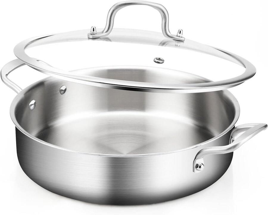 Roestvrijstalen Koekenpan Sauté Pan Gelijkmatig Koken Tri-Ply Constructie 5 Liter Zilver