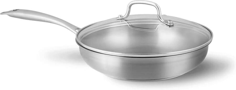 Roestvrijstalen Koekenpan Steelpan met Deksel Koken en Bakken Gelijkmatige Warmteverdeling 24 cm Diameter Zilverkleurig