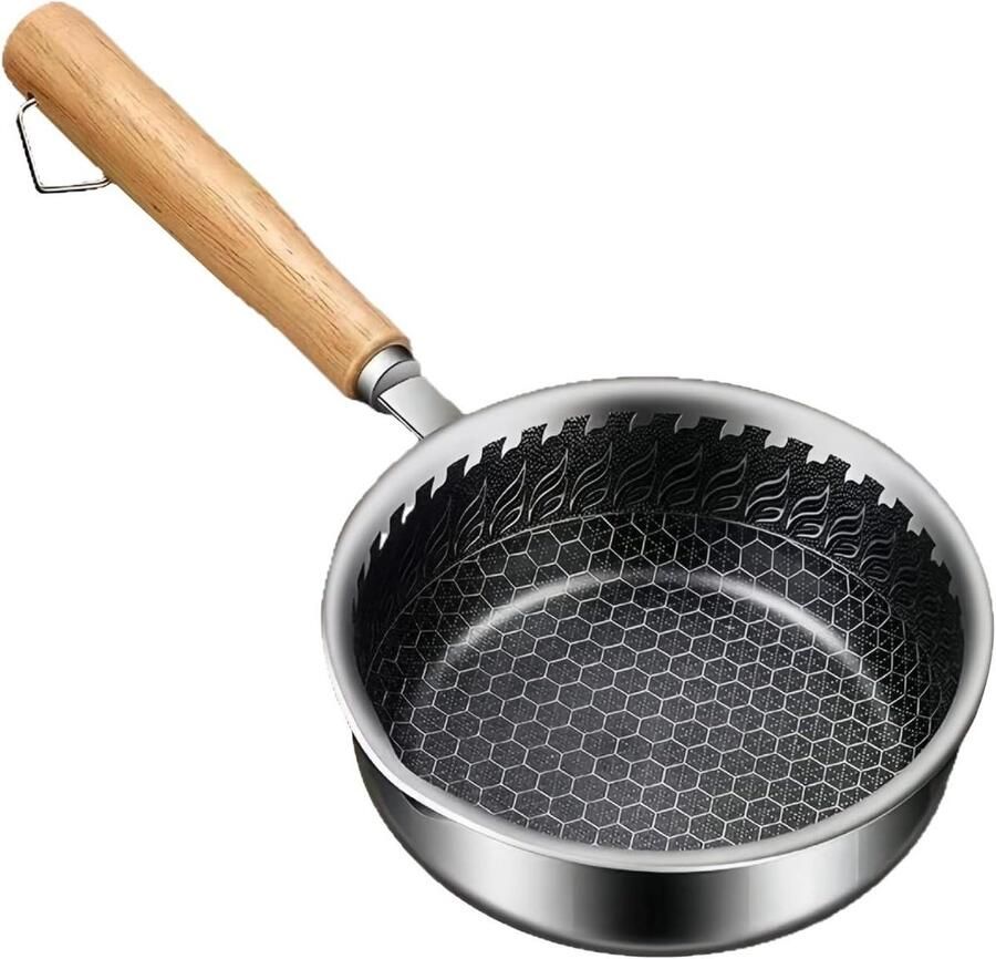 Roestvrijstalen Koekenpan Steelpan Mini Kleine Gerechten Bereiden Ergonomisch Houten Handvat 14 cm Zilverkleurig