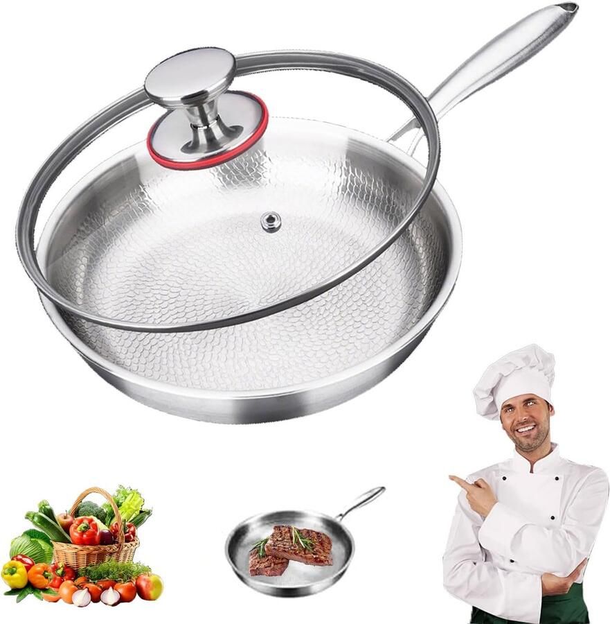 Roestvrijstalen Koekenpan Titanium Pan Gezond Koken 5-Laags Constructie Inclusief Deksel Zilver