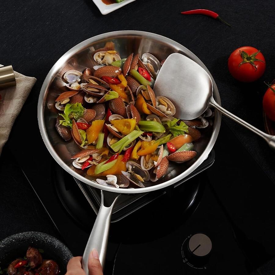 Roestvrijstalen Koekenpan Wok Pan Nonstick Dagelijks Koken Gelijkmatige Warmteverdeling 24-30 cm Zilver - Foto 2