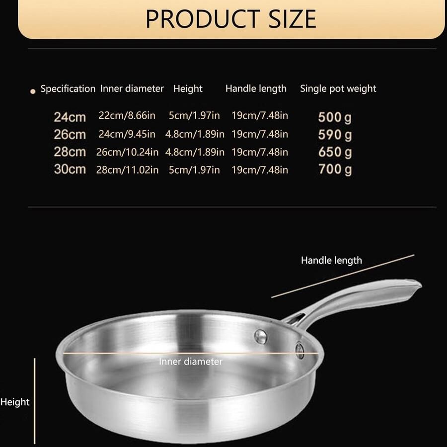Roestvrijstalen Koekenpan Wok Pan Nonstick Dagelijks Koken Gelijkmatige Warmteverdeling 24-30 cm Zilver