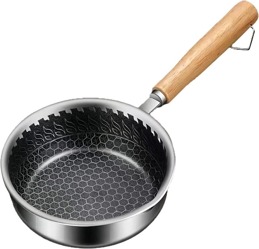 Roestvrijstalen koekenpan Wokpan Houtgreep Dagelijks Koken Gehamerde Textuur 14 cm Diameter Zilver