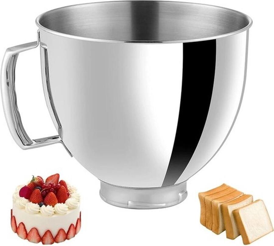 Roestvrijstalen kom voor 4.5-5 Quart keukenmachines met handvat geschikt voor Classic en Artisan modellen ideaal als keukenaccessoire en voor het bereiden van gerechten