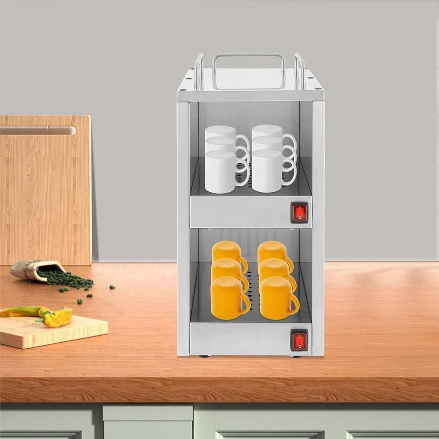Roestvrijstalen Mokkenwarmer Bordenwarmer Vitrine Horeca Gebruik Dubbele Verwarmingscompartimenten 25 x 32 x 555 cm Zilver