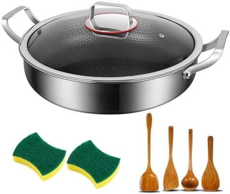 Roestvrijstalen koekenpan Diepe koekenpan Wokpan Koken en bakken 7-laags hybride coating 32 cm Zilver