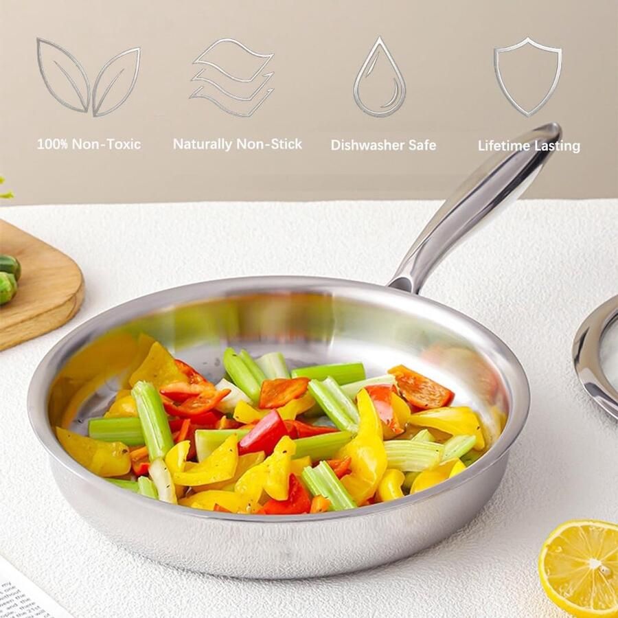 Roestvrijstalen Pan Koekenpan Inductie Gelijkmatig Koken Vijflaags Composietstaal 30 cm Zilverkleurig