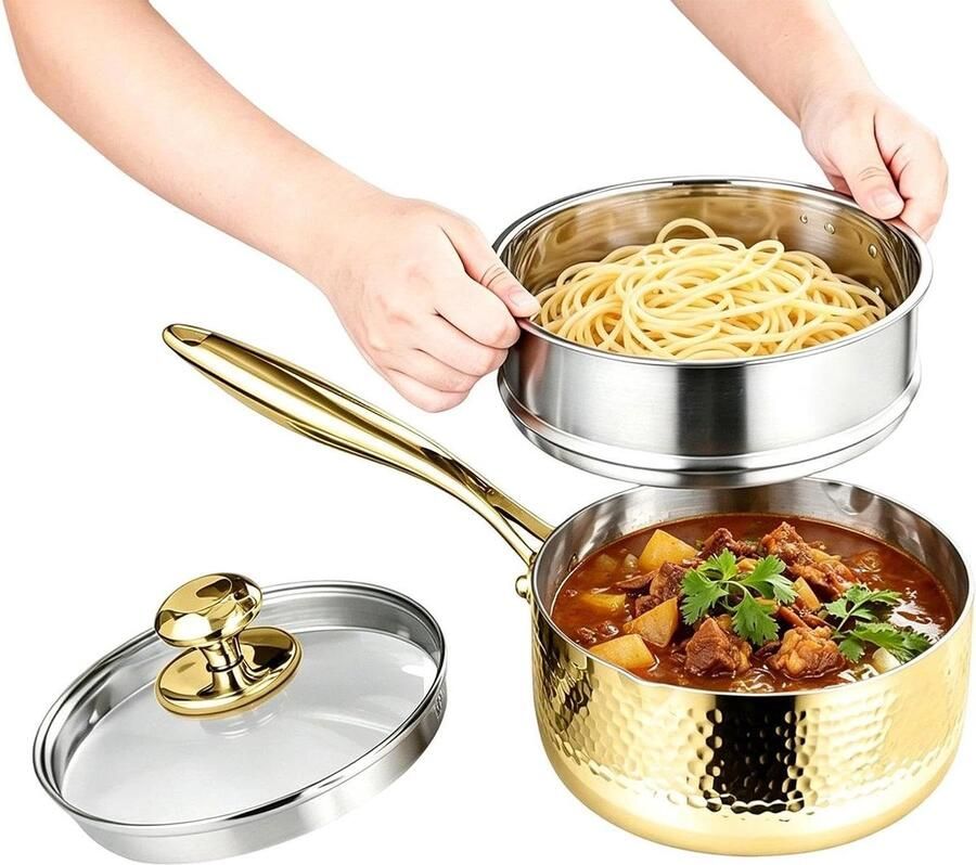 Roestvrijstalen Pan Kookpot met deksel Dagelijks Koken Dubbele Schenktuit 20x22x20 cm Goud