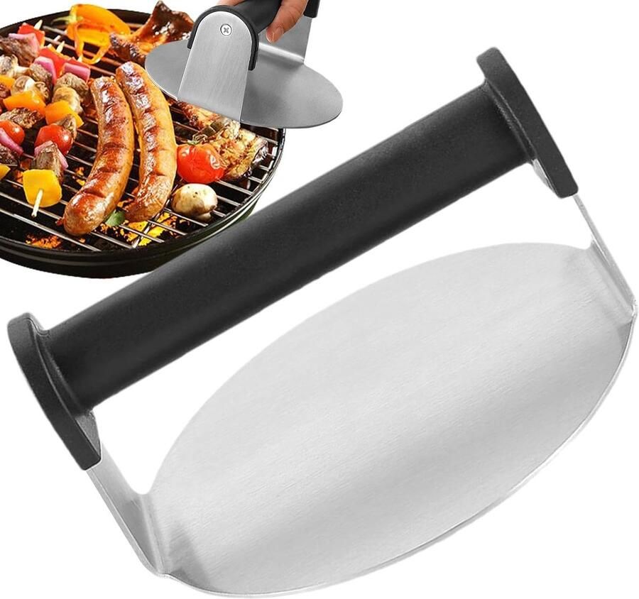 Roestvrijstalen pers Vleespers grill Perfecte burgers maken Hittebestendig handvat 15x15x8 cm Zilver