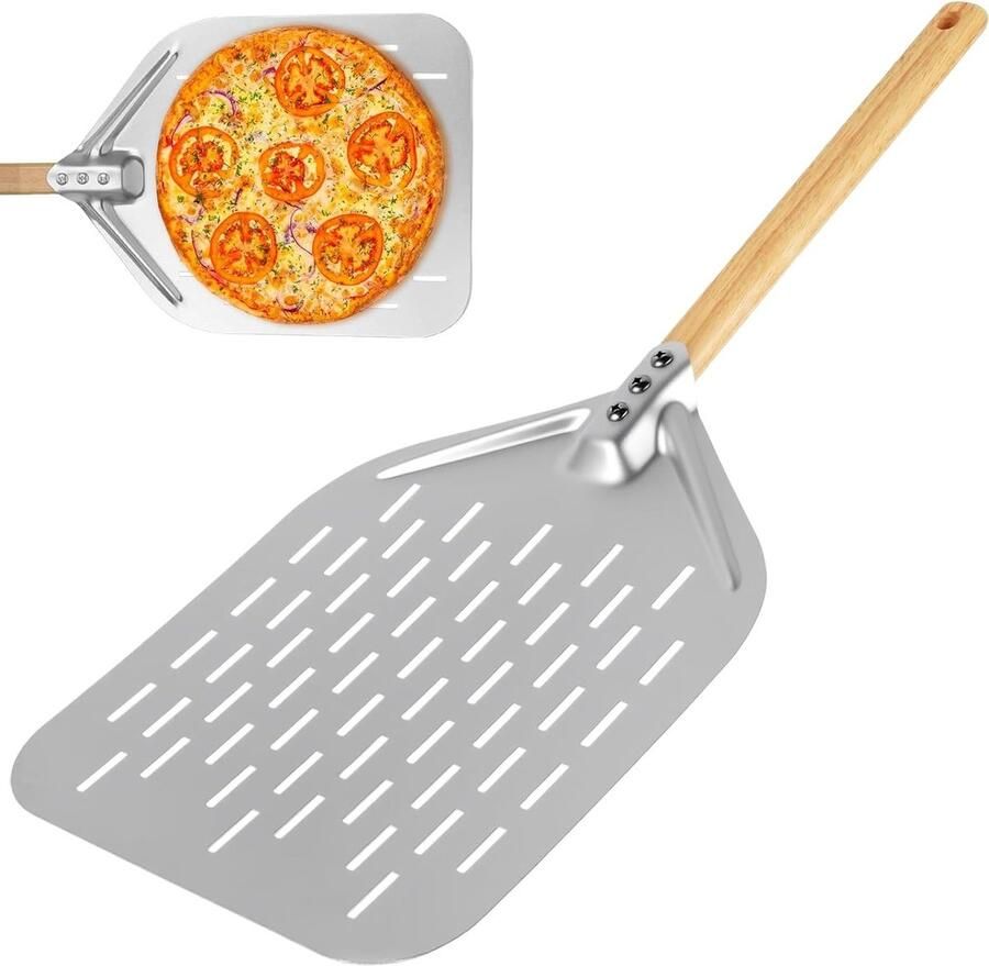 Roestvrijstalen Pizzaschaal van 30 cm Perforated Design met Afneembare Houten Handgreep Ideaal voor Grill en Oven Inclusief Grote Pizzaschep en Aluminium Pizzaschuiver