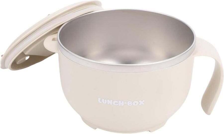 Roestvrijstalen Ramenkom Soepkom Deksel Magnetron Maaltijd Lekvrije Afsluiting 18.5x14.5x10cm Beige