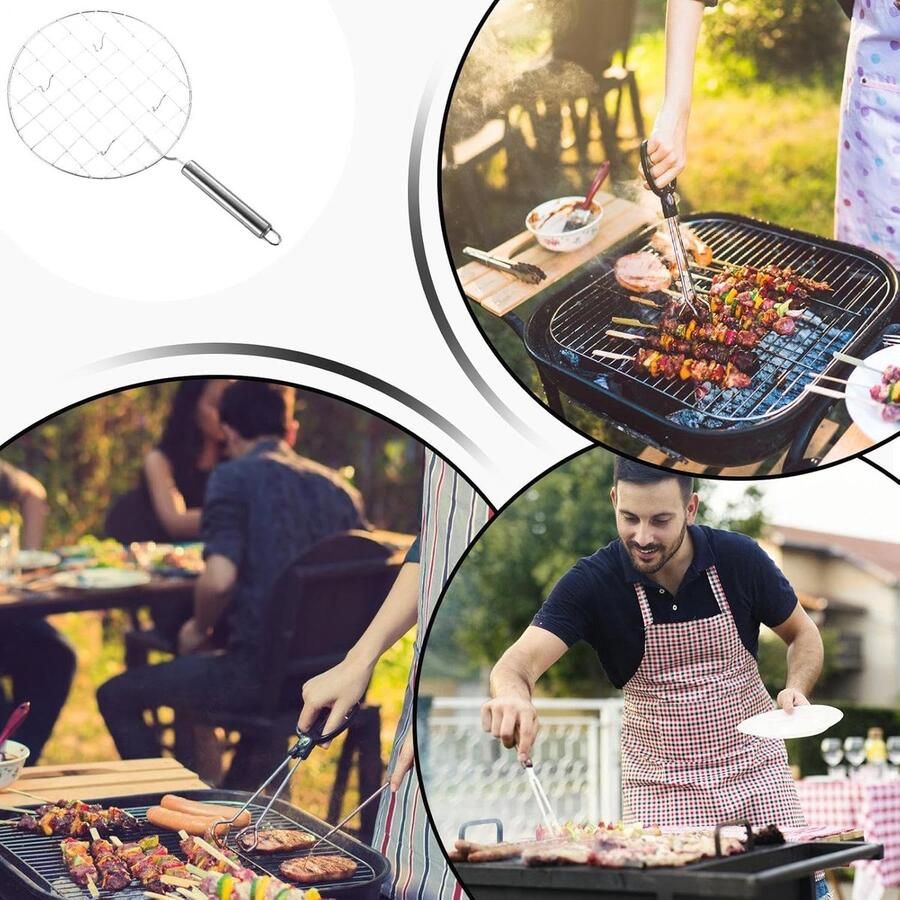 Roestvrijstalen rooster Baknet grill Veelzijdig koken Afneembaar handvat 19 cm diameter Zilver