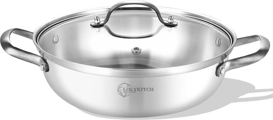 Roestvrijstalen Sauteerpan Diepe Koekenpan Kadhai Dagelijks Koken Tri-Ply Constructie 35 cm 7 Liter Zilver