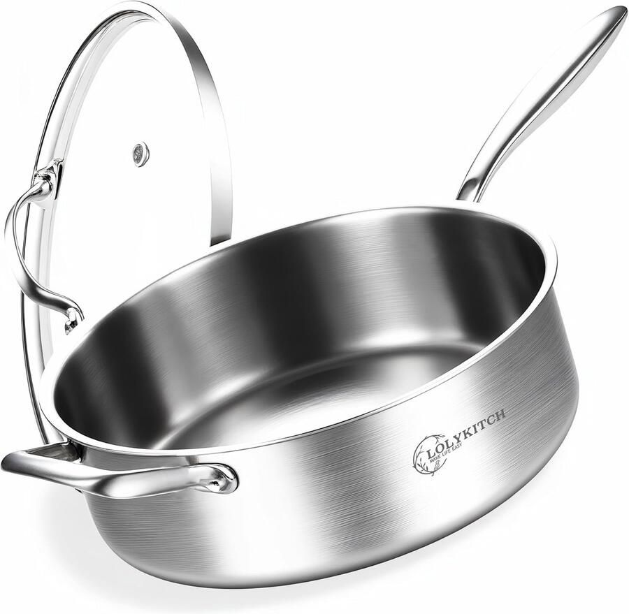 Roestvrijstalen Sauteerpan Diepe Koekenpan Veelzijdig Koken Tri-Ply Constructie 30 cm Diameter Zilver