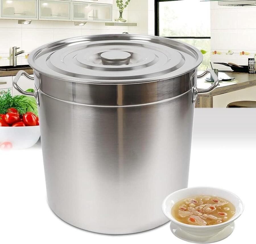 Roestvrijstalen soeppan Grote kookpot Grote hoeveelheden koken Duurzame drielaagse constructie 35 liter inhoud Zilverkleurig