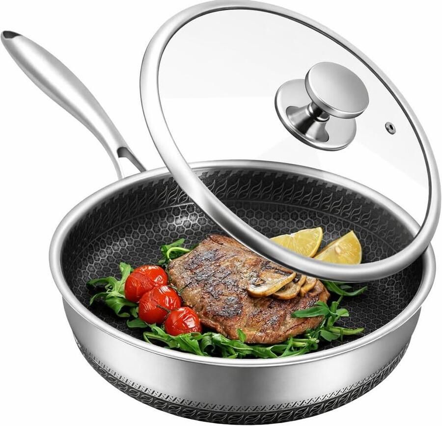 Roestvrijstalen steelpan Honingraat pan Gelijkmatig koken Triply constructie 28 cm Zilver