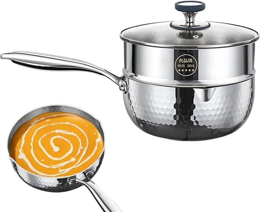 Roestvrijstalen steelpan Kleine kookpan Sauspan Gezonde maaltijden koken Antiaanbak gehamerde textuur 22cm diameter Zilver