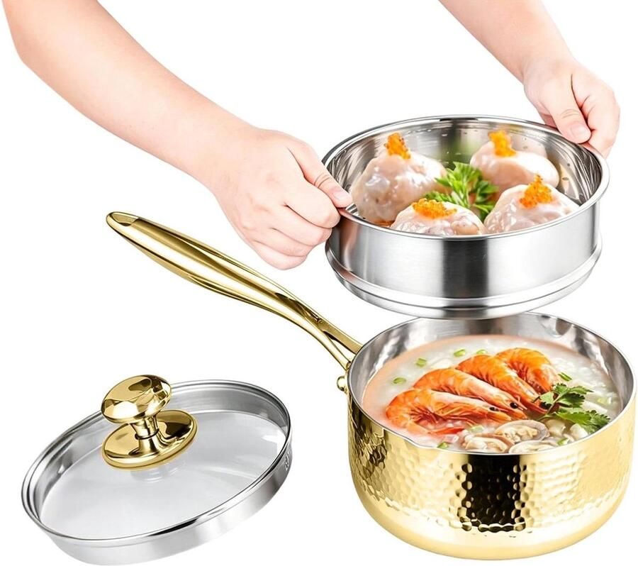 Roestvrijstalen Steelpan Kookpan Met Deksel Dagelijks Koken Symmetrische Schenktuit 20cm Diameter Goud
