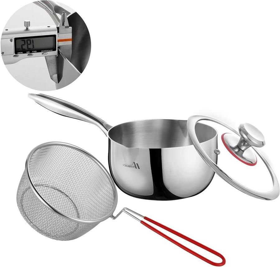 Roestvrijstalen steelpan Sauspan met deksel Koken en sudderen Met frituurmand en schenktuit 2 Liter Roestvrij staal