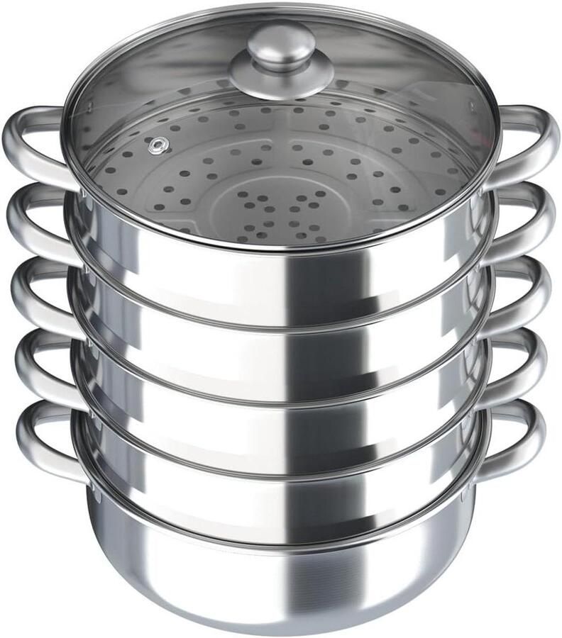 Roestvrijstalen Stoomkoker Stoompan Pannenset Gezond Koken 5 Etages Groot Volume 30 cm Diameter Zilver