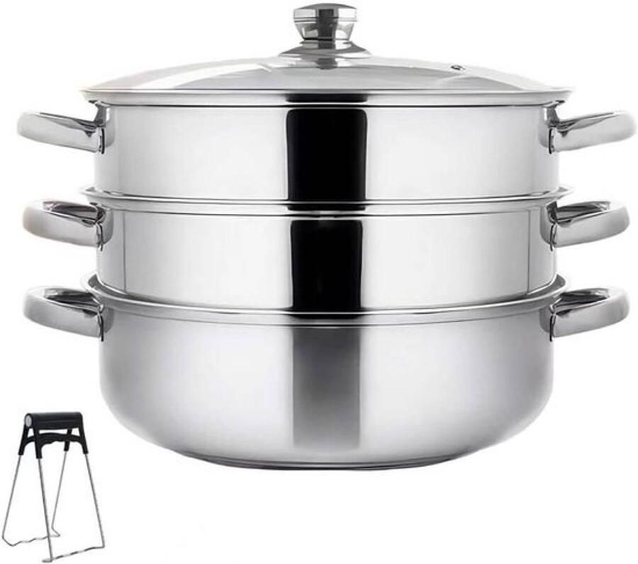 Roestvrijstalen stoomkoker Stoompan voor groenten Gezond koken 3 stoominzetstukken 28 cm Zilver