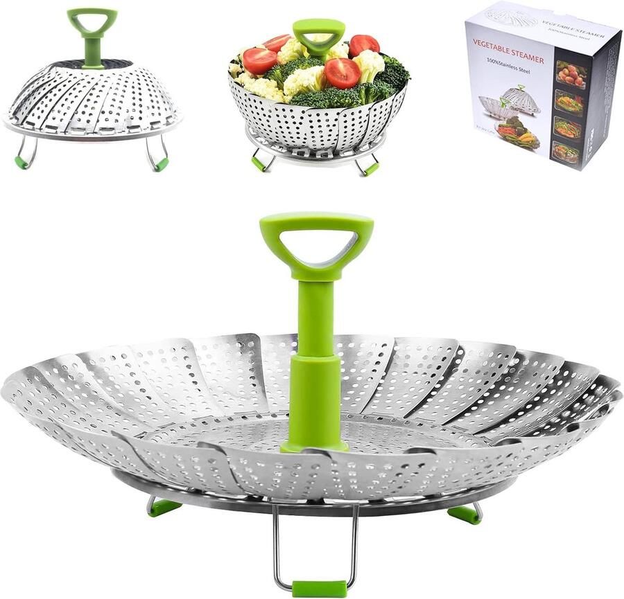 Roestvrijstalen Stoomkoker voor Groenten en Fruit met Inklapbare Handgreep en Opvouwbare Mand Gezond Stomen voor Babyvoeding en Meer