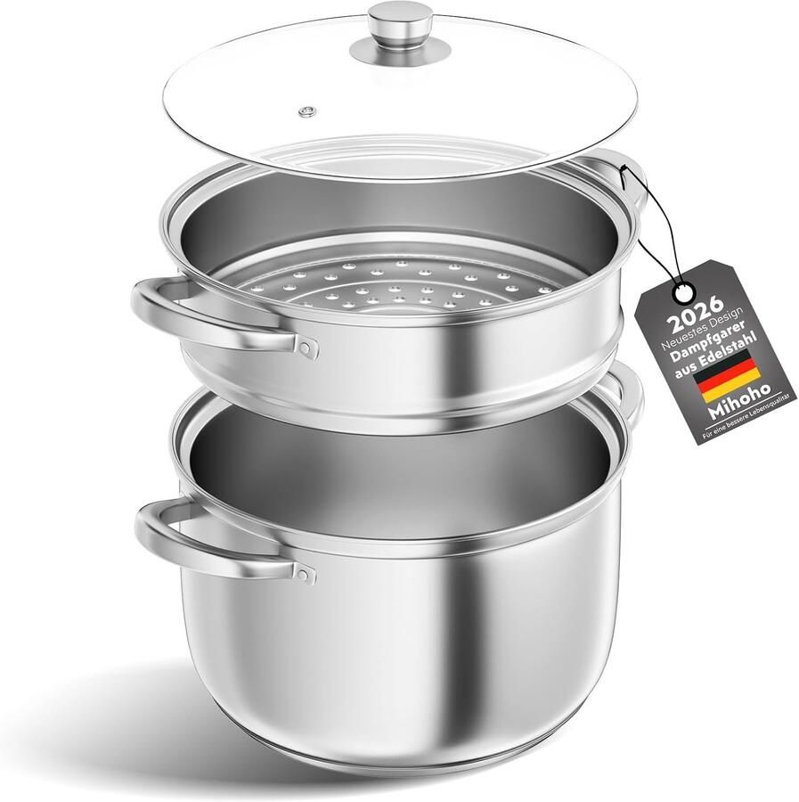 Roestvrijstalen Stoompan 26 cm Kookpan met Stoommand en Glazen Deksel Voor Gezond Koken