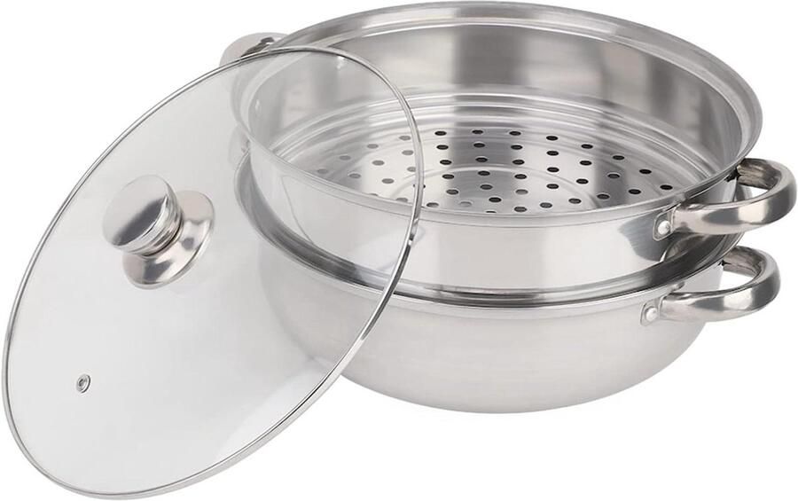 Roestvrijstalen Stoompan Dampkoker Kookpan Gezond Koken Dubbele Laag 27 cm Zilver