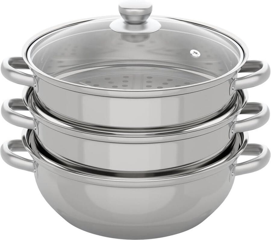 Roestvrijstalen stoompan Drielagige stomer Gezond koken Veelzijdig te combineren 28 cm Zilver