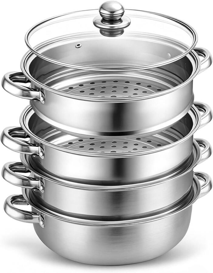Roestvrijstalen stoompan Kookpan met lagen Gezond koken 4 verdiepingen 28 cm Zilver