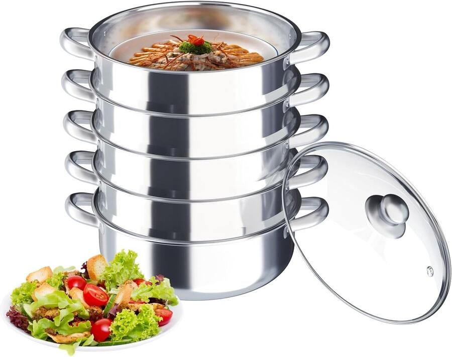 Roestvrijstalen stoompan Meerdere lagen pan Gezond koken Stomen en koken tegelijk 30 cm Zilver