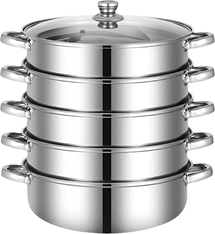 Roestvrijstalen stoompan Meerlaagse kookpot Gezond Koken Stapelbaar ontwerp 28 cm Zilverkleurig