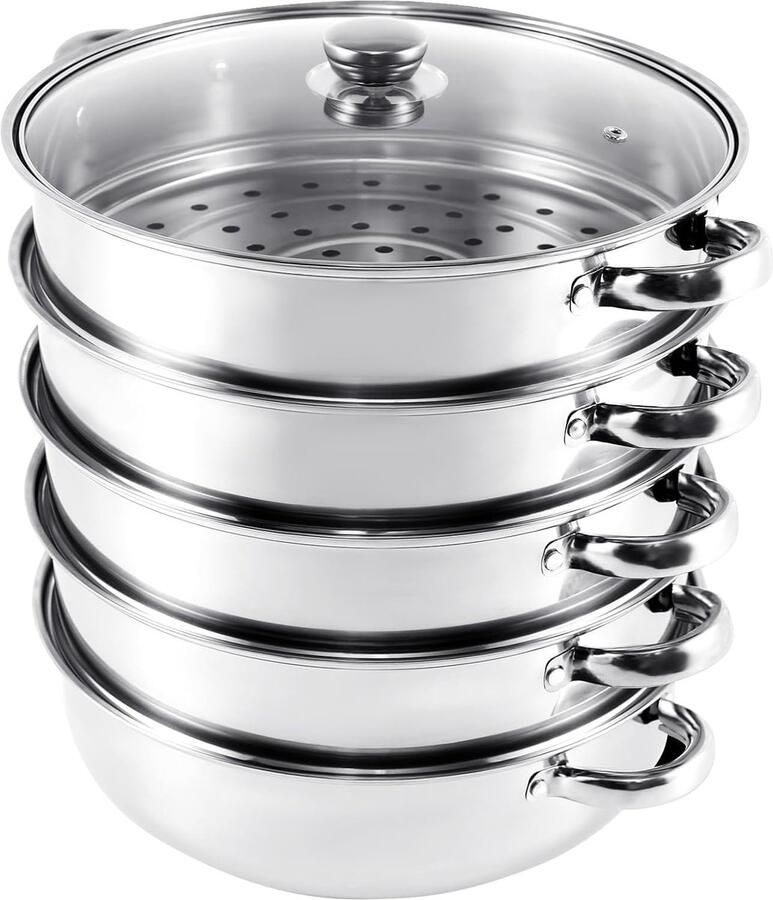 Roestvrijstalen stoompan met glazen deksel 30 cm 5 niveaus voor perfect stomen