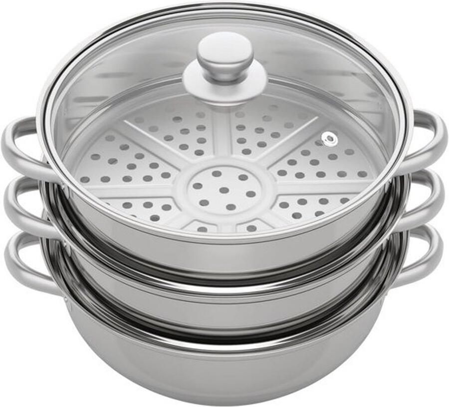 Roestvrijstalen stoompan Pan met drie lagen Gezond koken Energiebesparende bodem 28 cm diameter Zilver