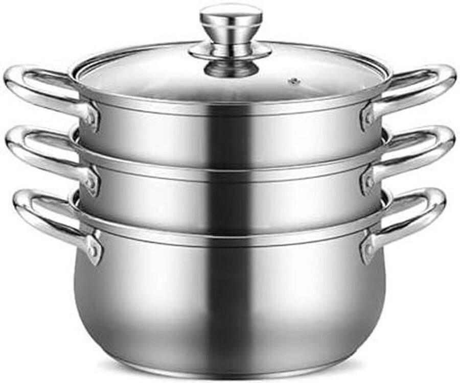 Roestvrijstalen stoompan Soeppan Kookpan Gezond Koken 3-laags ontwerp 30 cm Zilver