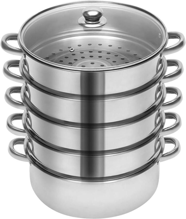 Roestvrijstalen stoompan Stoomkoker 5-laags Gezond koken Energiebesparende bodem 26 cm Zilver