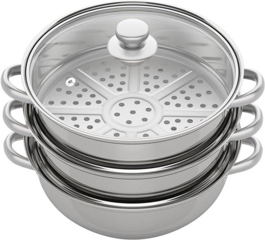Roestvrijstalen stoompan Stoomkoker en stoofpan Gezond koken Verdikt 3-laags ontwerp 28 cm Zilver