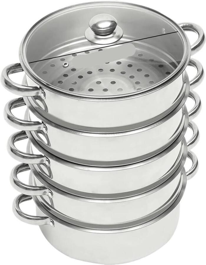 Roestvrijstalen stoompan Stoomkoker pot Gezond koken Vijf lagen 32 cm diameter Zilver