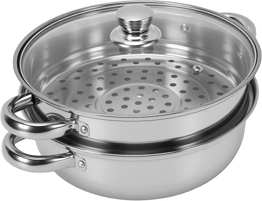 Roestvrijstalen Stoompan Stoompot Set Gezond Koken Dubbele Laag 27.5 cm Zilver