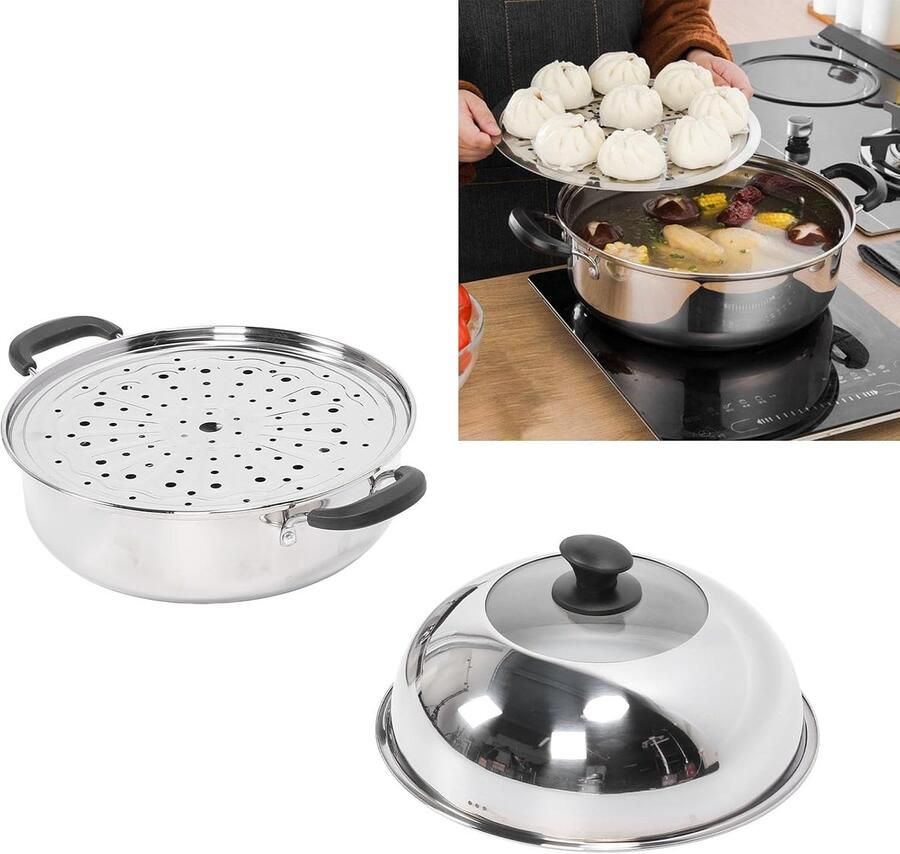 Roestvrijstalen Stoompot Kookgerei Stoomoven Vis Zeevruchten Stomen Verdikt Multifunctioneel 32cm Diameter Zilver