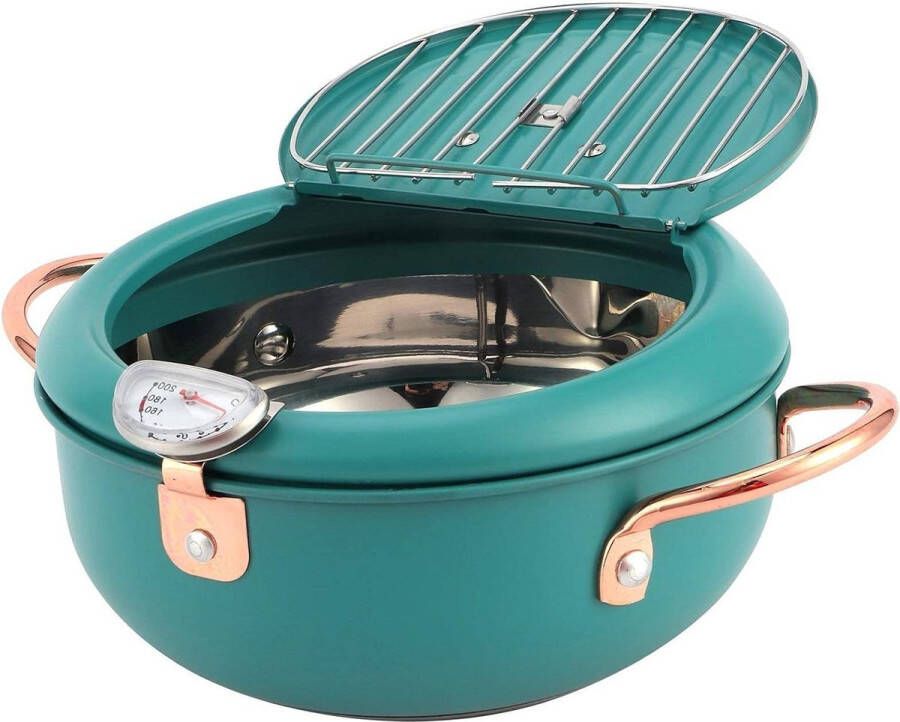 Roestvrijstalen Tempura Friteuse Frituurpan met Thermometer Japanse Garnalenolie Friteuse Pan voor Inductiekookplaat Diepgroen