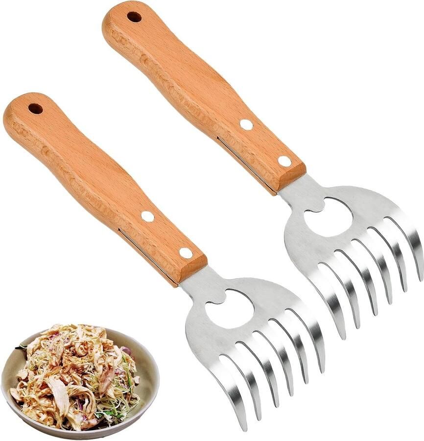 Roestvrijstalen vleesklauwen BBQ-versnipperaar met houten handvat Vleesversnipperaar Tool voor koken en voedselbereiding Multifunctionele vleestrekker en flesopener Perfect BBQ-cadeau voor